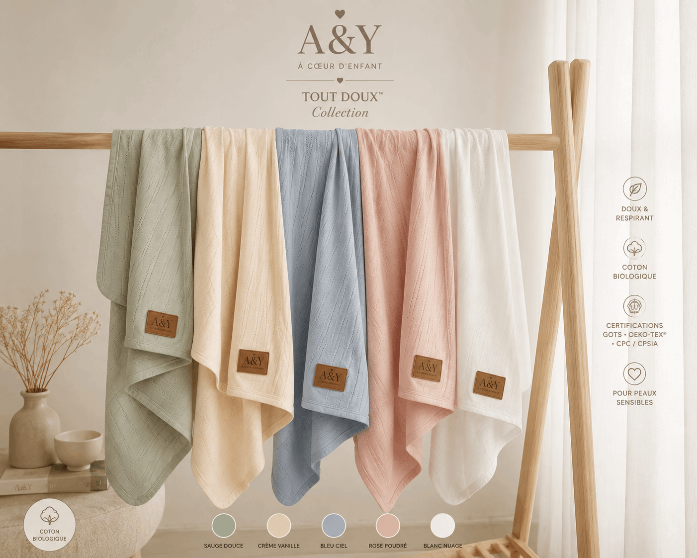 Couverture Signature bébé en coton biologique 96 × 96 cm |Tout Doux™ A&Y (jaune) — Lancement Prévente A&Y
