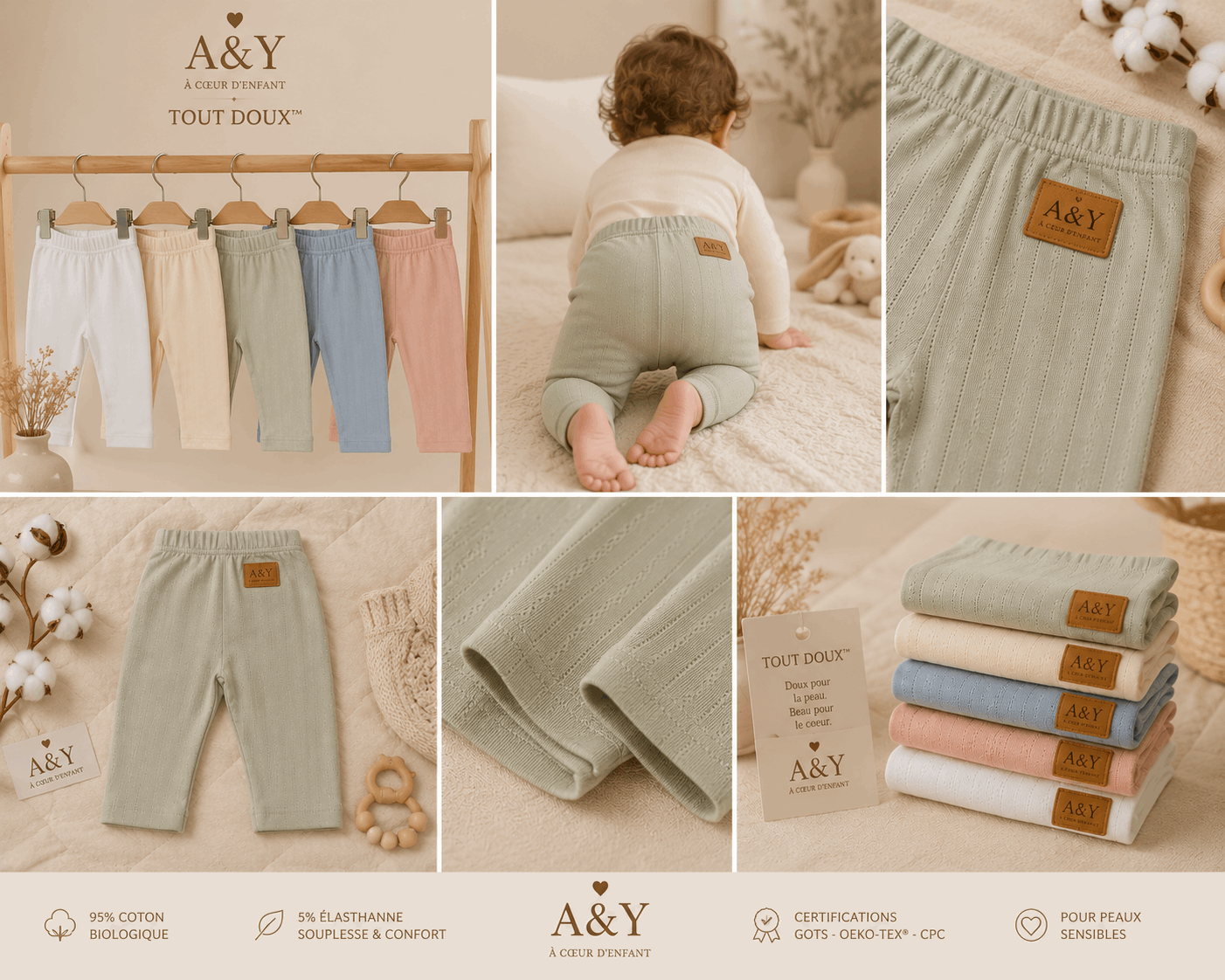 Pantalon bébé coton biologique pointelle Tout Doux™ A&Y — Lancement Prévente A&Y