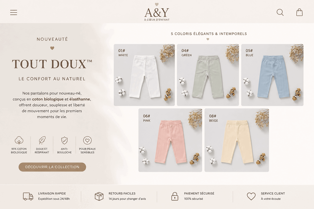 Pantalon bébé coton biologique pointelle Tout Doux™ A&Y (blanc-1) — Lancement Prévente A&Y