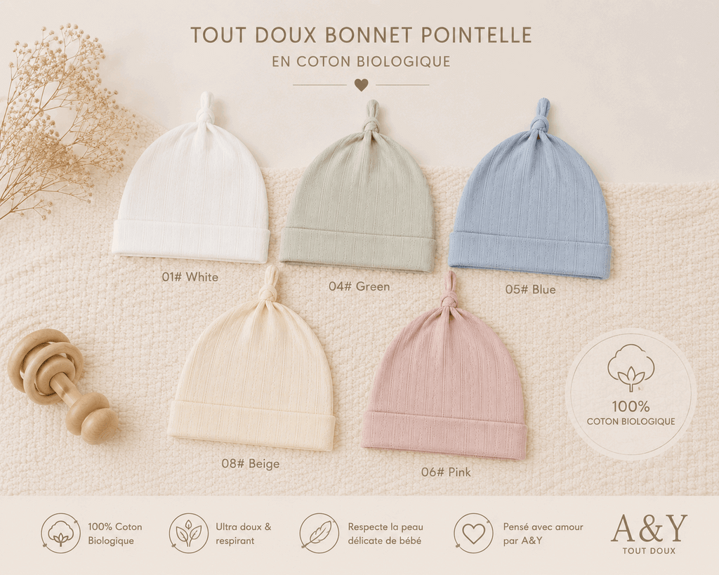 Les 5 différentes couleurs disponibles pour ce modèle de bonnet en coton biologique de la collection Tout Doux A&Y