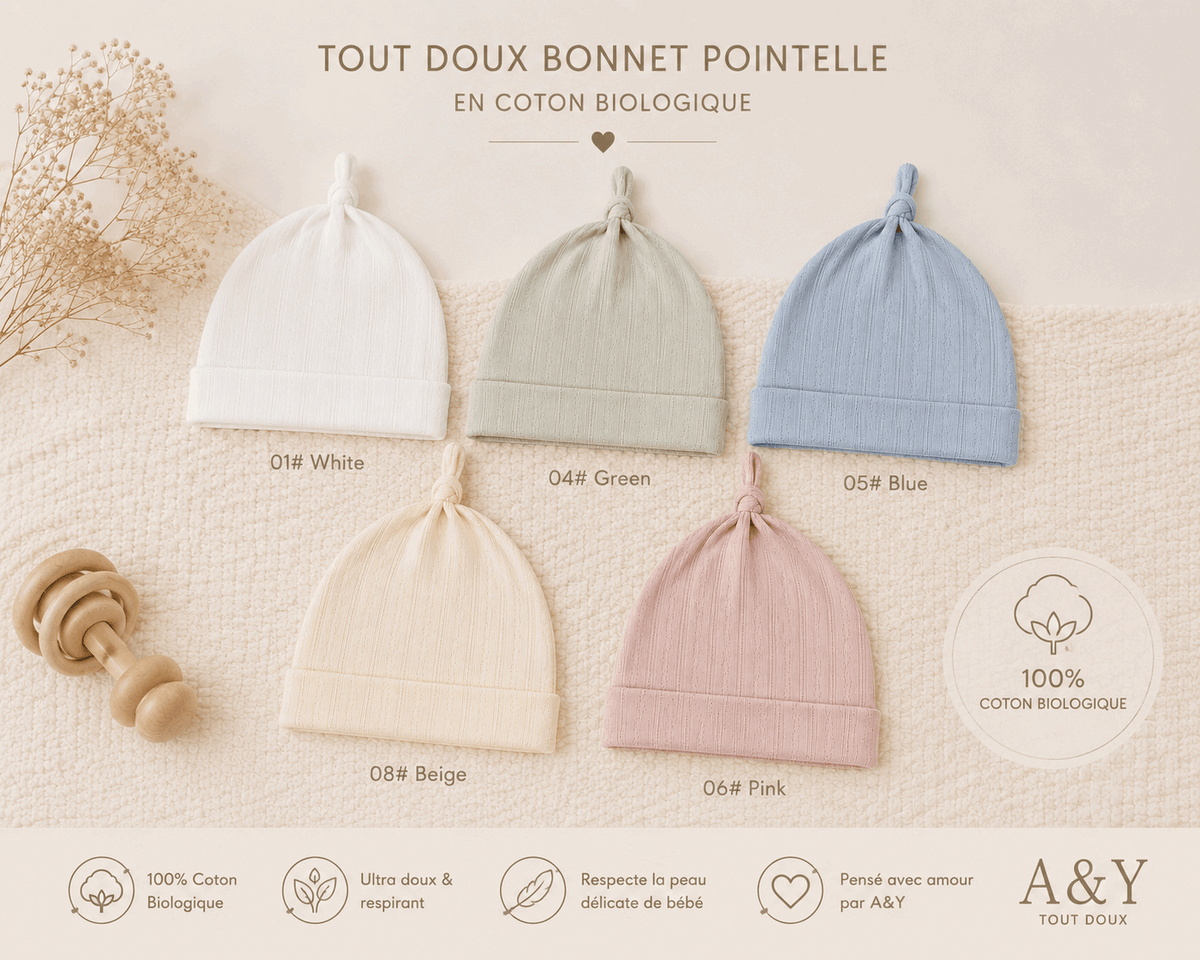 Les 5 différentes couleurs disponibles pour ce modèle de bonnet en coton biologique de la collection Tout Doux A&Y / The 5 colours available for this organic cotton hat from the A&Y Tout Doux collection