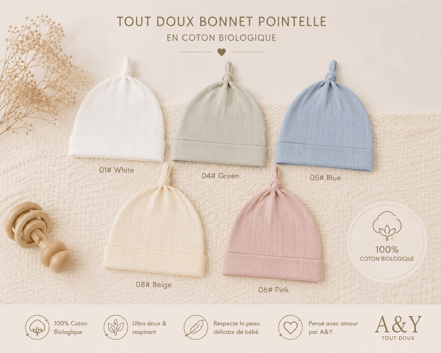 Les 5 différentes couleurs disponibles pour ce modèle de bonnet en coton biologique de la collection Tout Doux A&Y