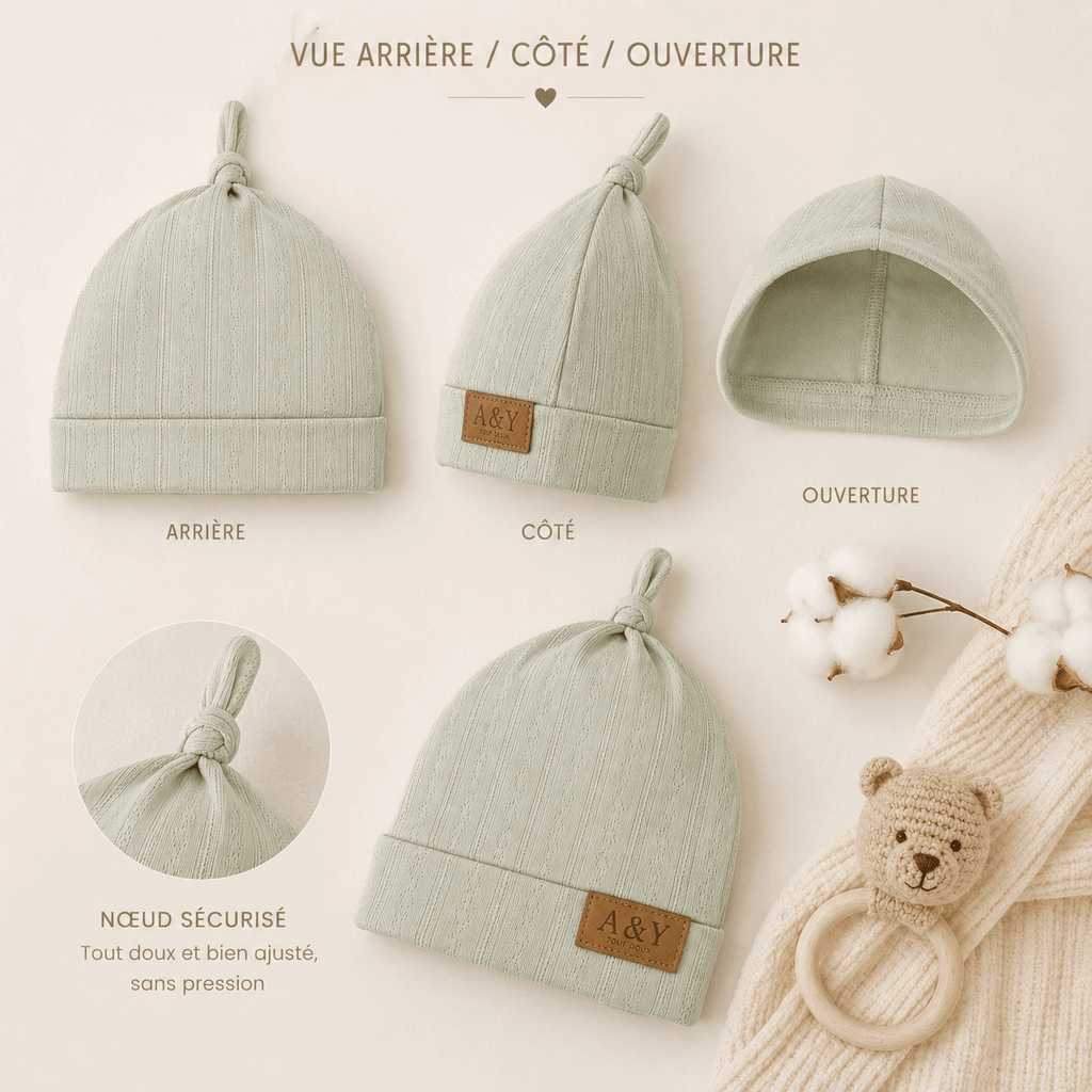 Détails sur l'avant, l'arrière, les cotés et l'ouverture du bonnet de la collection Tout Doux A&Y