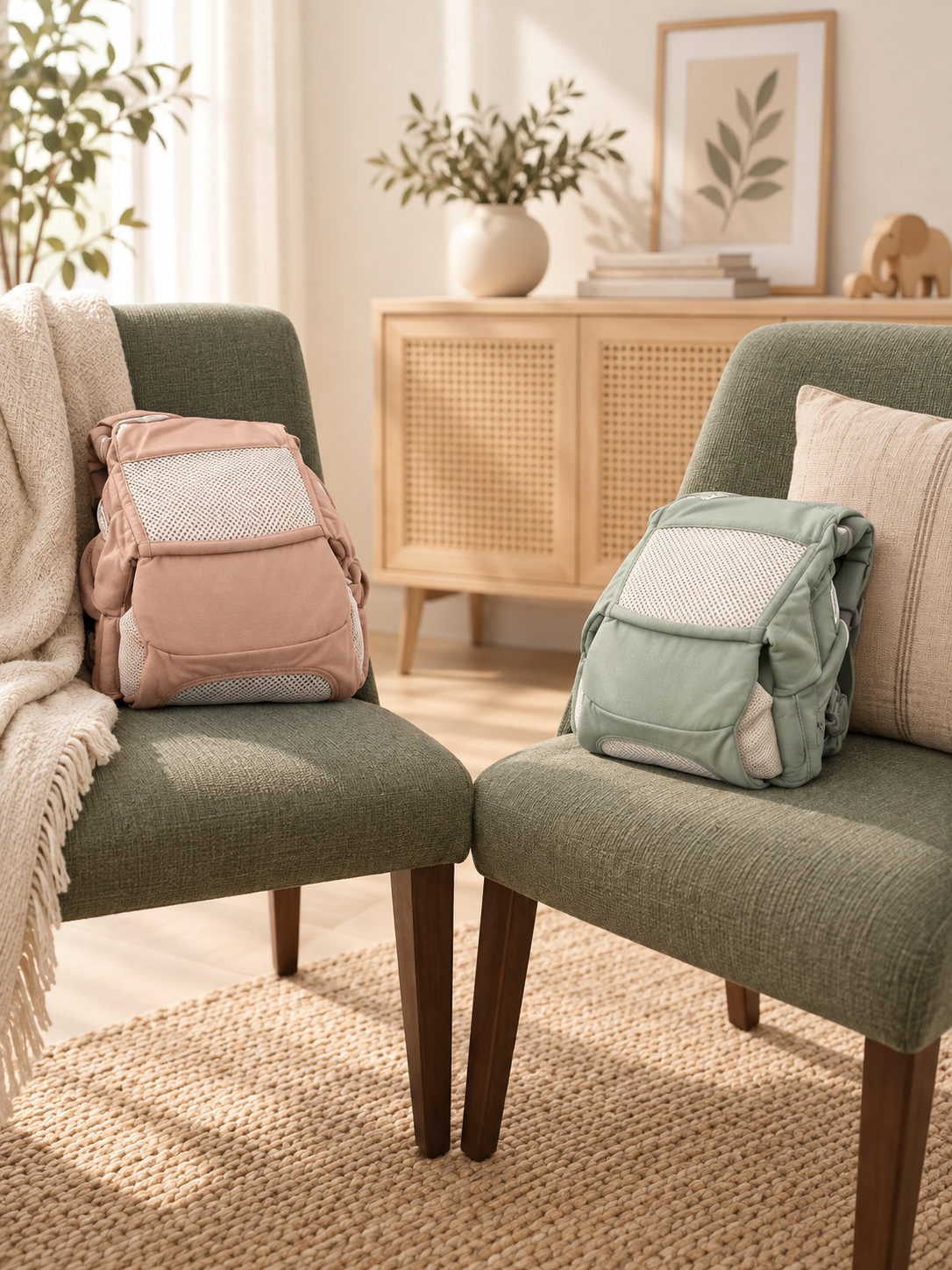 Porte-bébé 6-en-1 avec siège de hanche en rose poudre et vert sauge / 6-in-1 baby carrier with hip seat in powder pink and sage green