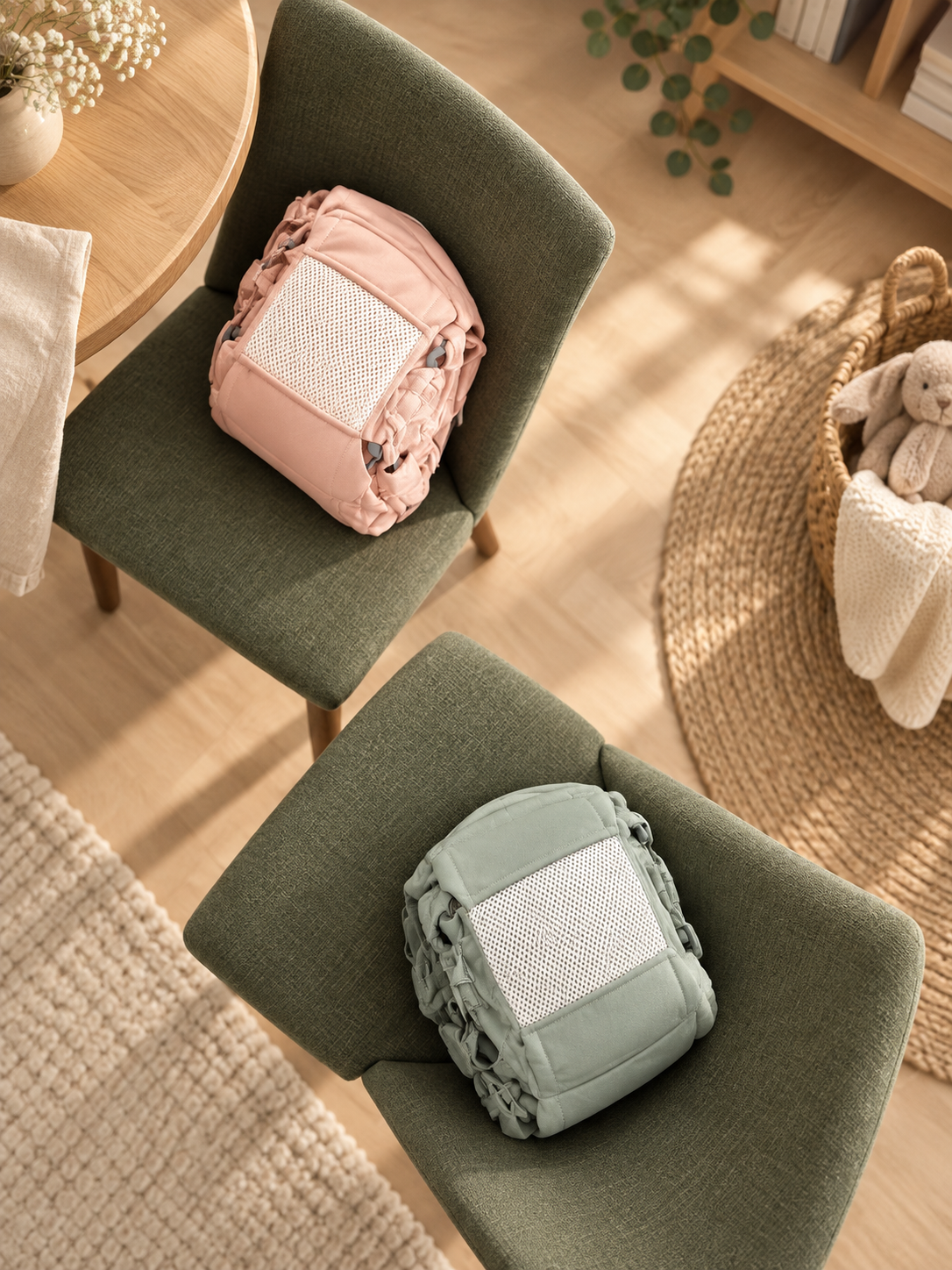 Vue de dessus des porte-bébés 6-en-1 rose poudre et vert sauge avec maille respirante / Top view of the powder pink and sage green 6-in-1 baby carriers with breathable mesh