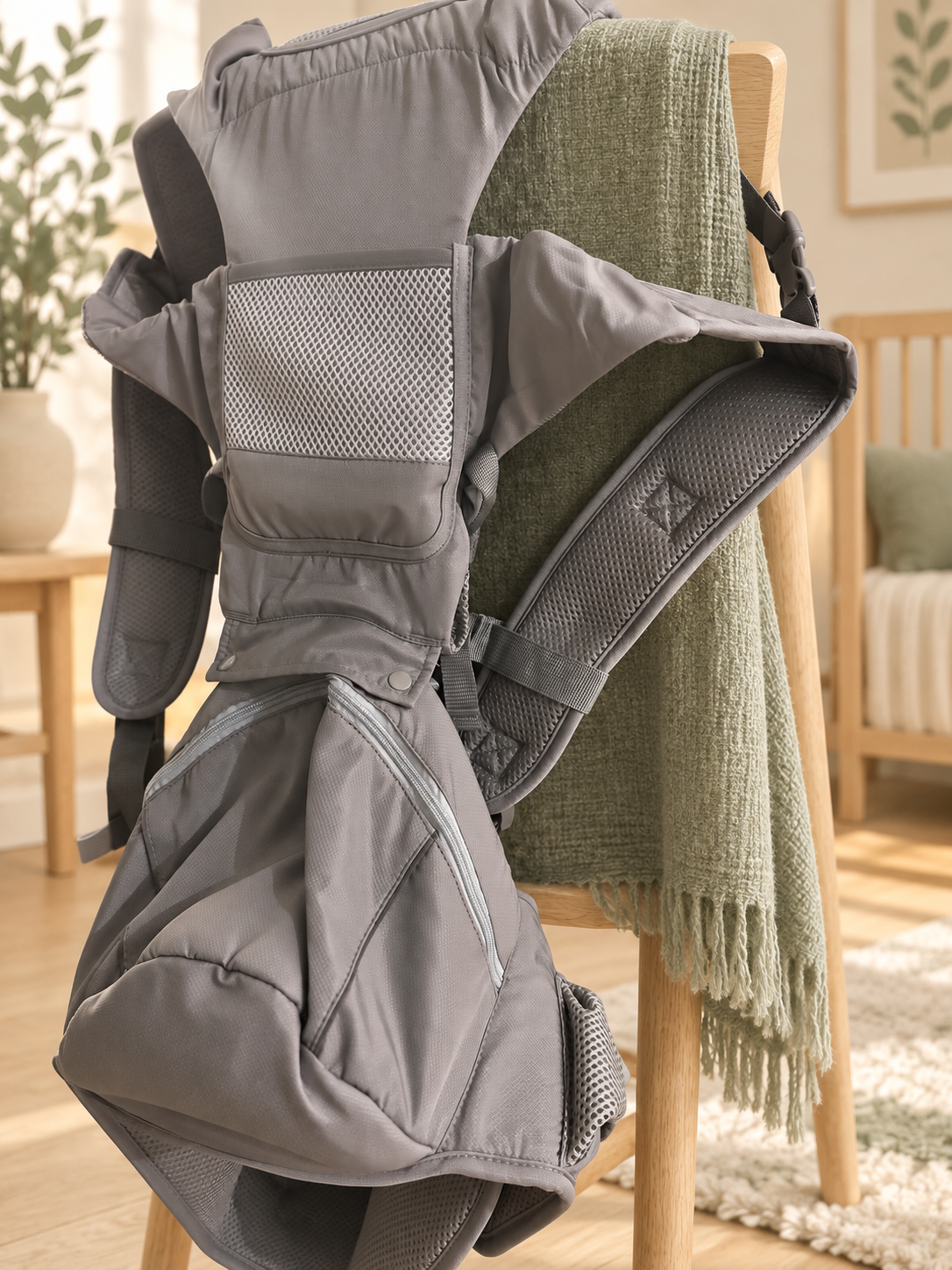 Détail du porte-bébé 6-en-1 gris avec siège de hanche et panneaux respirants / Detail of the grey 6-in-1 baby carrier with hip seat and breathable panels