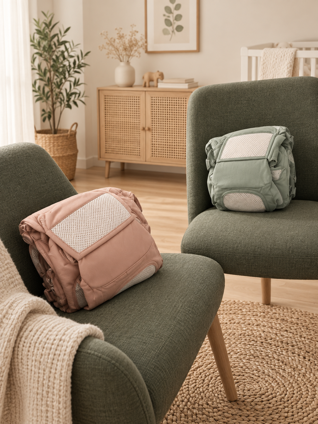 Variantes rose poudre et vert sauge du porte-bébé 6-en-1 A&Y / Powder pink and sage green versions of the A&Y 6-in-1 baby carrier