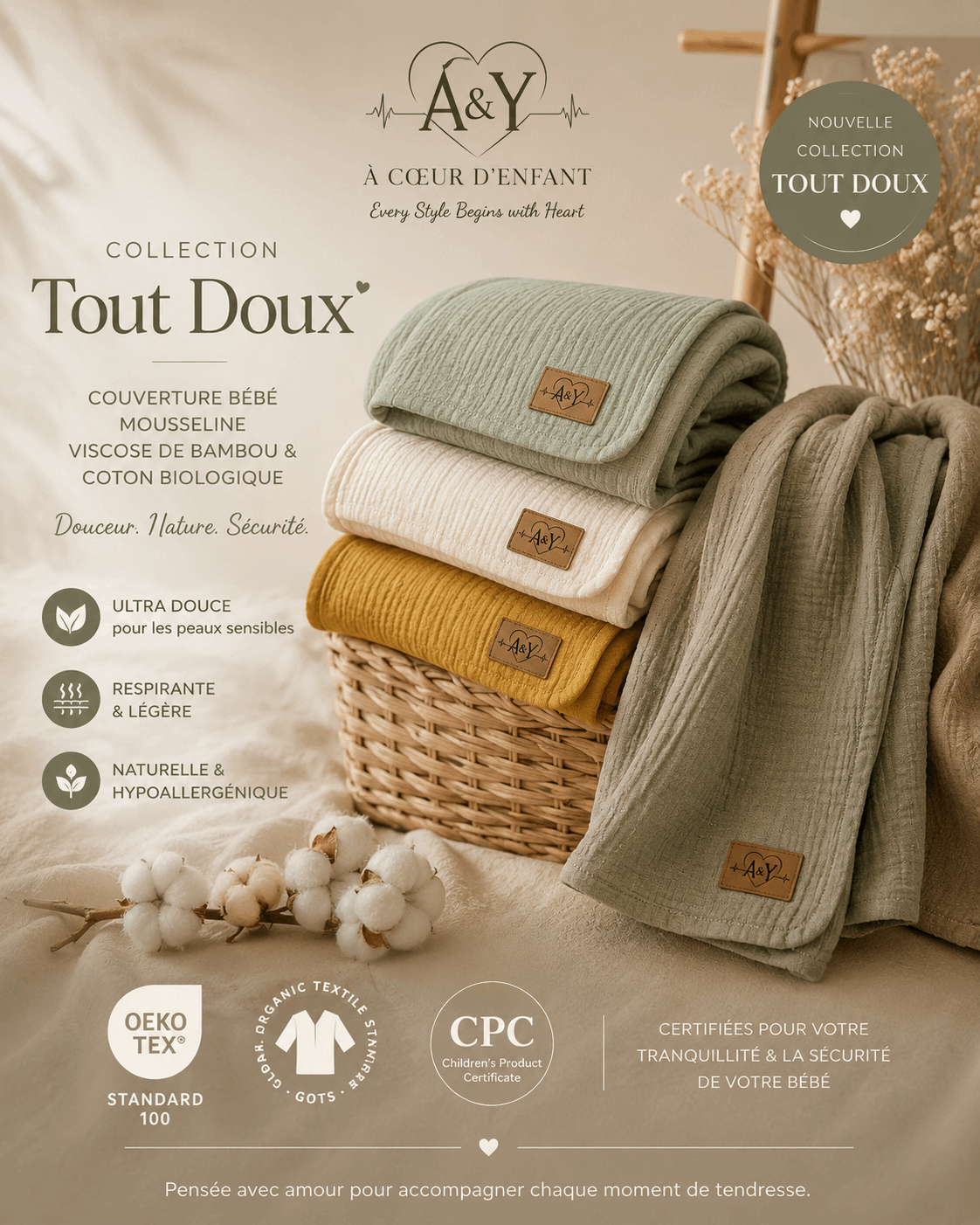 Couvertures en viscose de bambou et coton biologique vert sauge-miel doré jaune-Crème Beige
