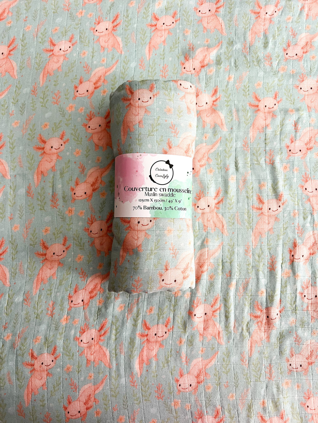 Grande mousseline de bambou Axolove♥️ (axolotl) - Chez A&Y- À Coeur d'Enfant