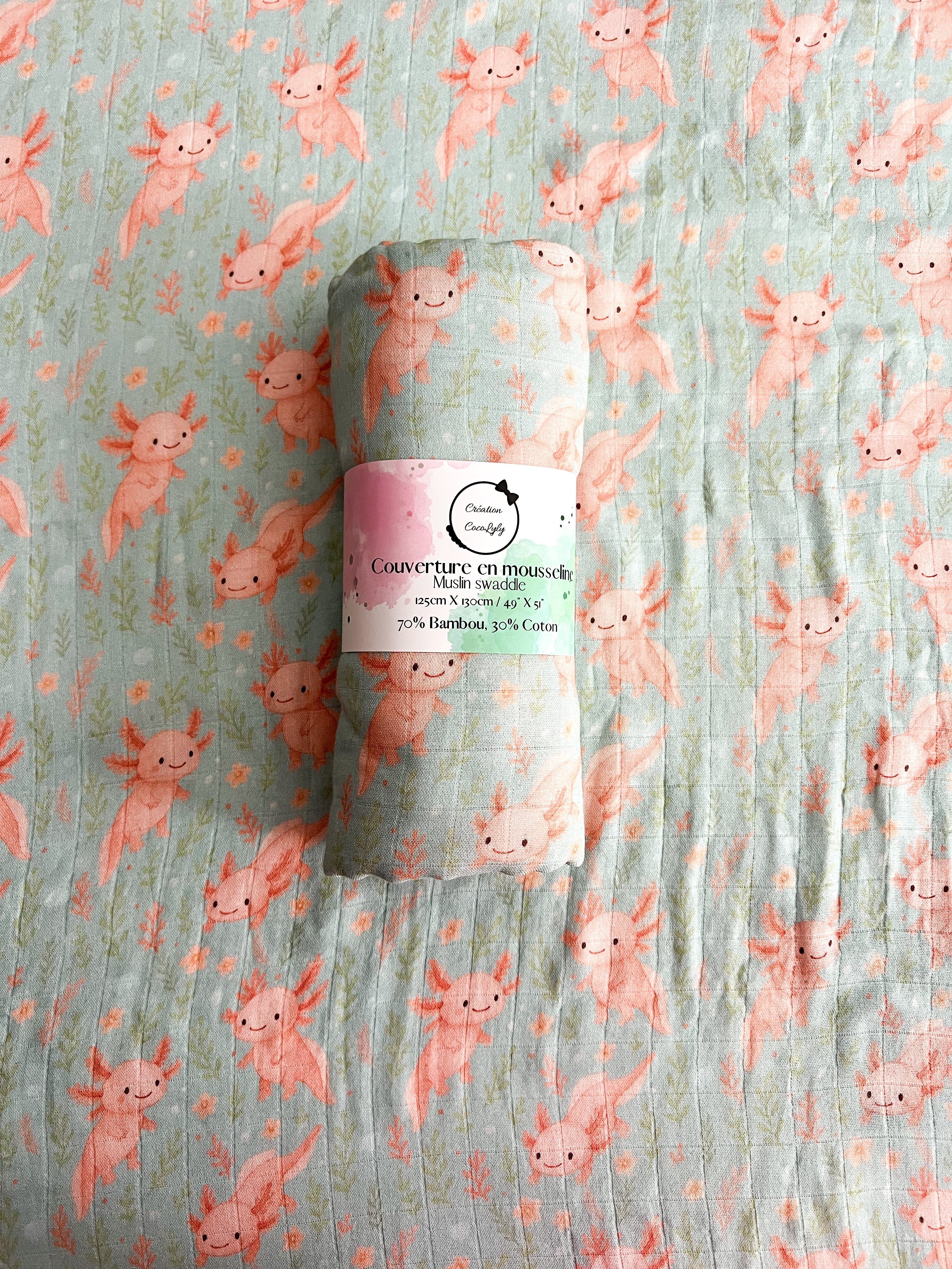 Grande mousseline de bambou Axolove♥️ (axolotl) - Chez A&Y- À Coeur d'Enfant