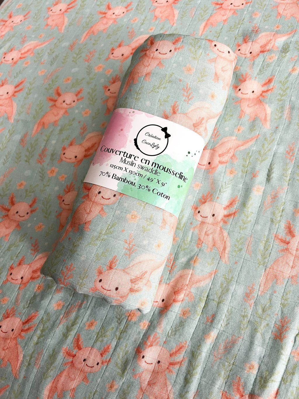 Grande mousseline de bambou Axolove♥️ (axolotl) - Chez A&Y- À Coeur d'Enfant