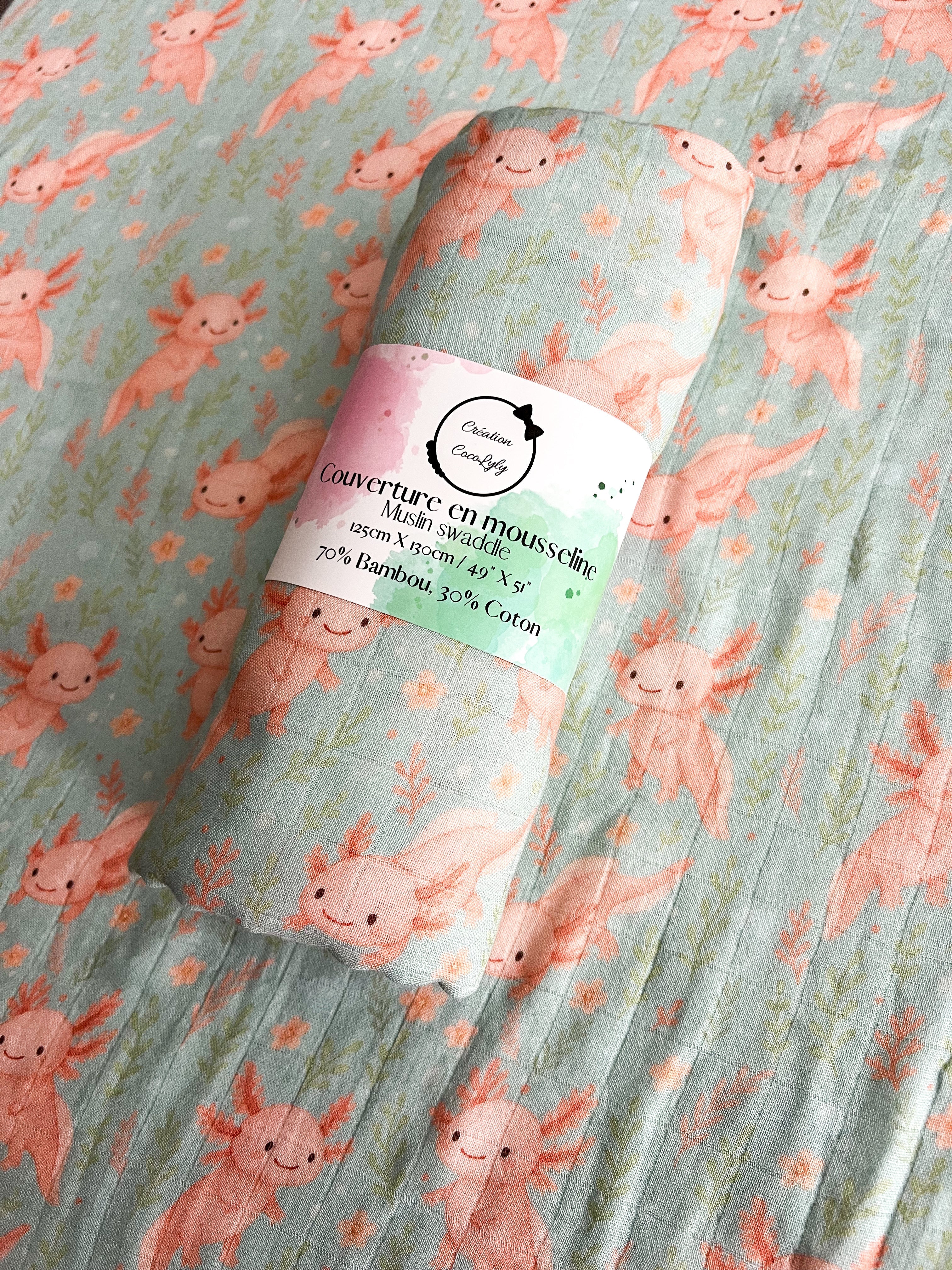 Grande mousseline de bambou Axolove♥️ (axolotl) - Chez A&Y- À Coeur d'Enfant