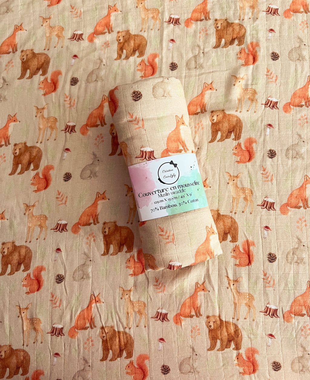 🦊Grande mousseline de bambou les copains des bois - Chez A&Y- À Coeur d'Enfant