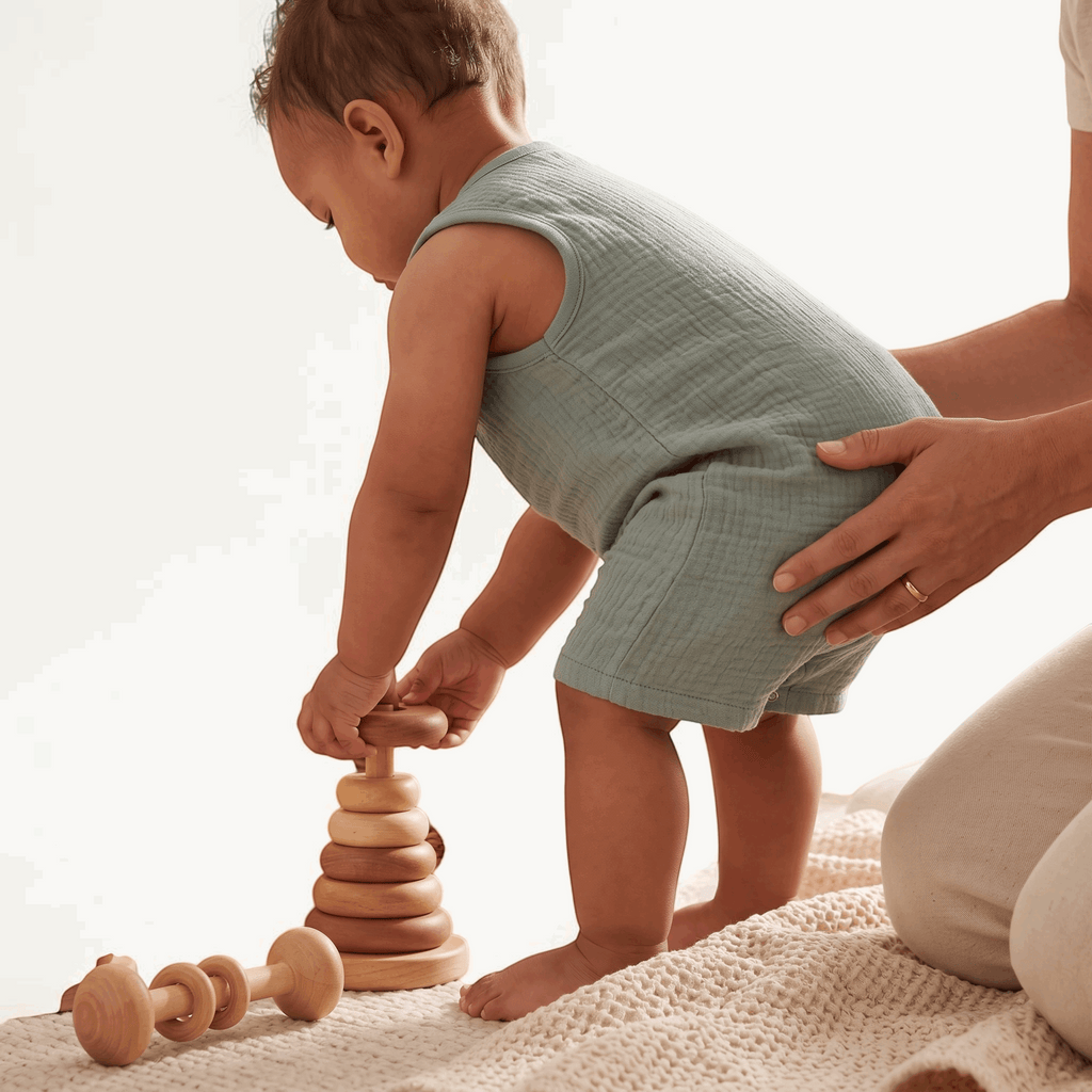 Enfant en barboteuse vert sauge A&Y Tout Doux™ accompagné d’un parent
