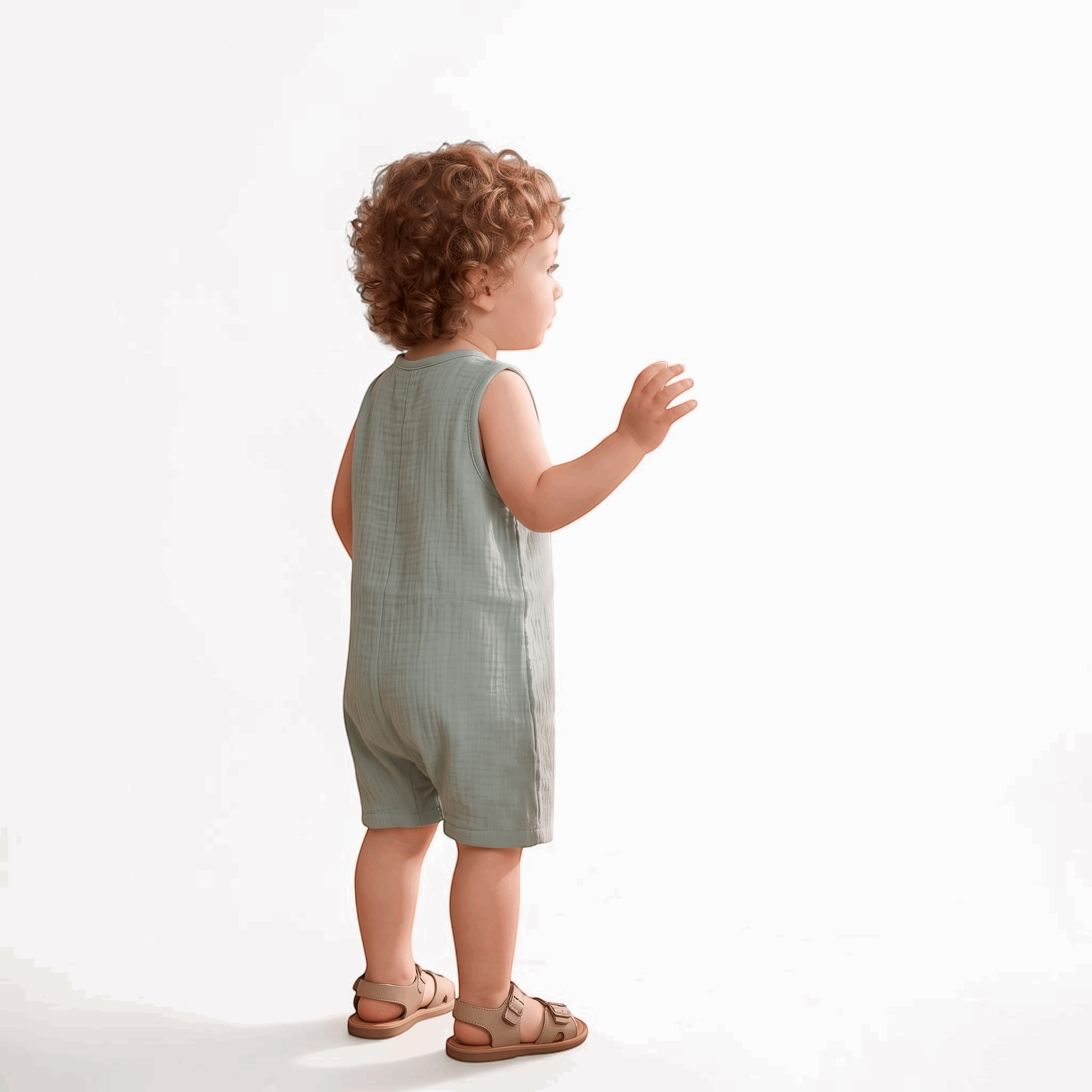 Vue arrière de la barboteuse bébé sans manches vert sauge A&Y Tout Doux™