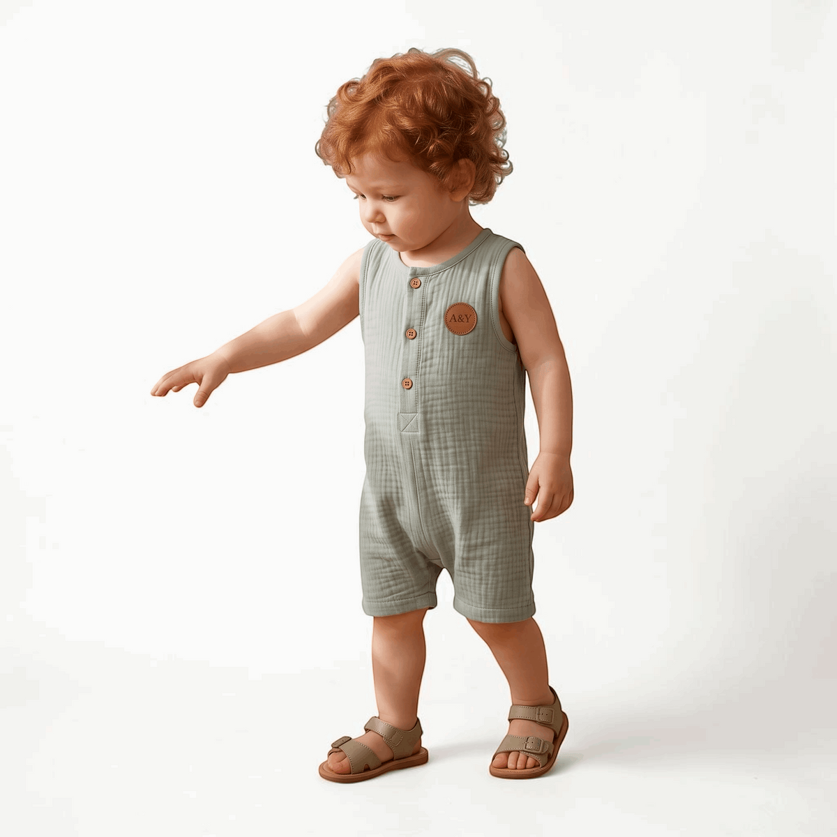 Enfant portant la barboteuse sans manches vert sauge A&Y Tout Doux™