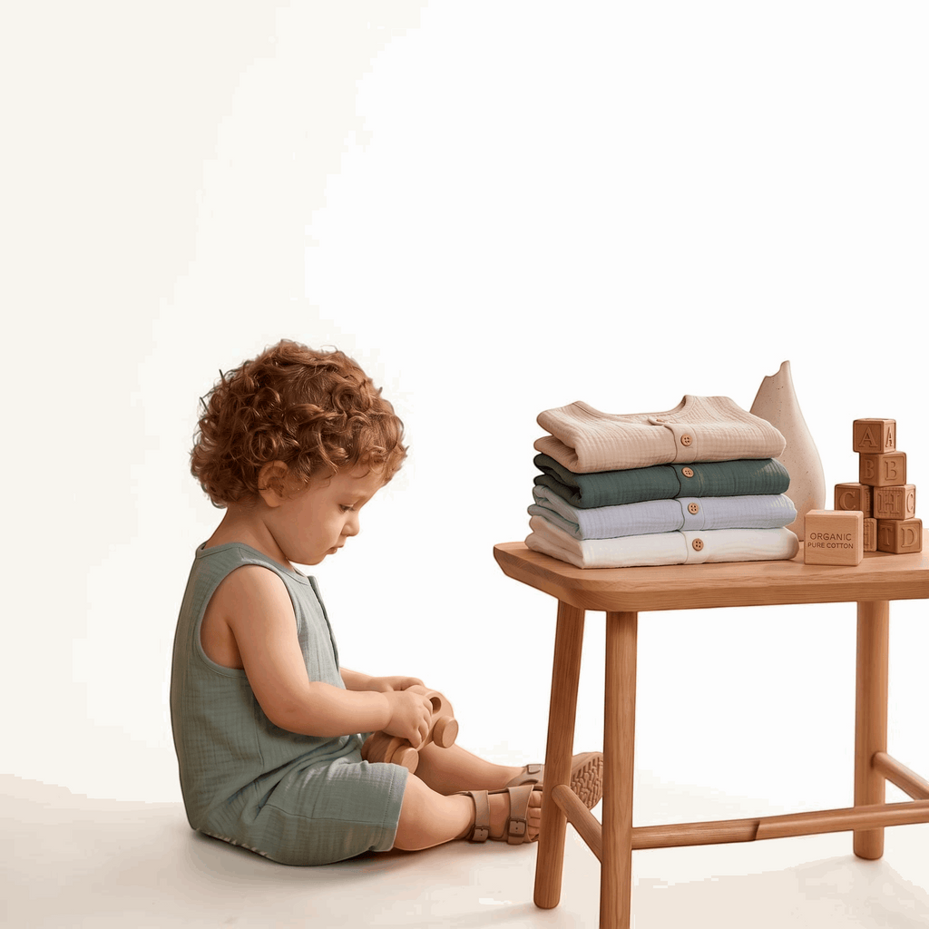 Enfant assis en barboteuse vert sauge A&Y Tout Doux™ – style scandinave
