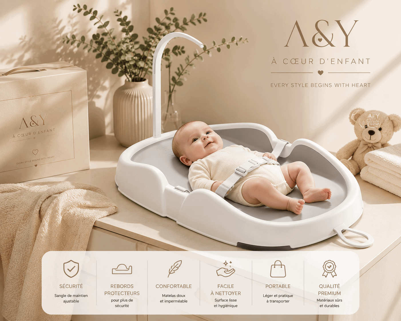 🤍 Matelas à langer bébé portable A&Y - Chez A&Y- À Coeur d'Enfant