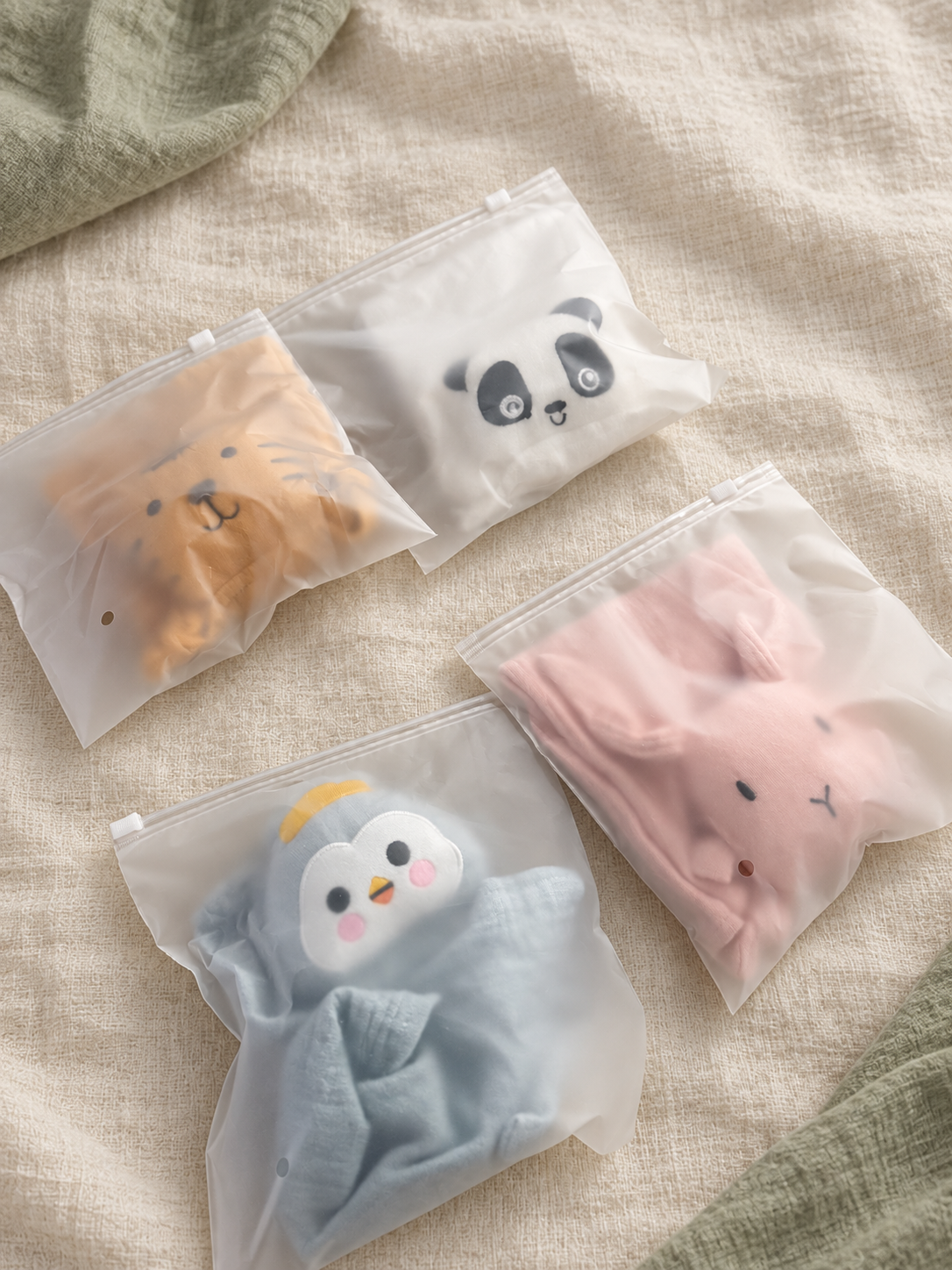 Assortiment de quatre doudous MINUS animaux dans leurs emballages individuels.
