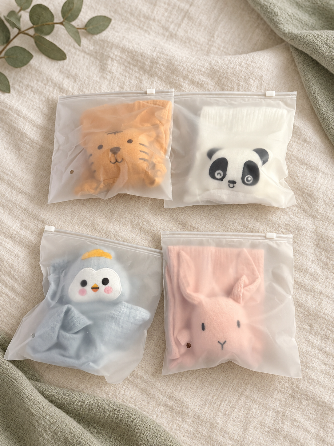 Quatre doudous MINUS emballés : tigre ocre, panda blanc, pingouin bleu-gris et lapin rose.