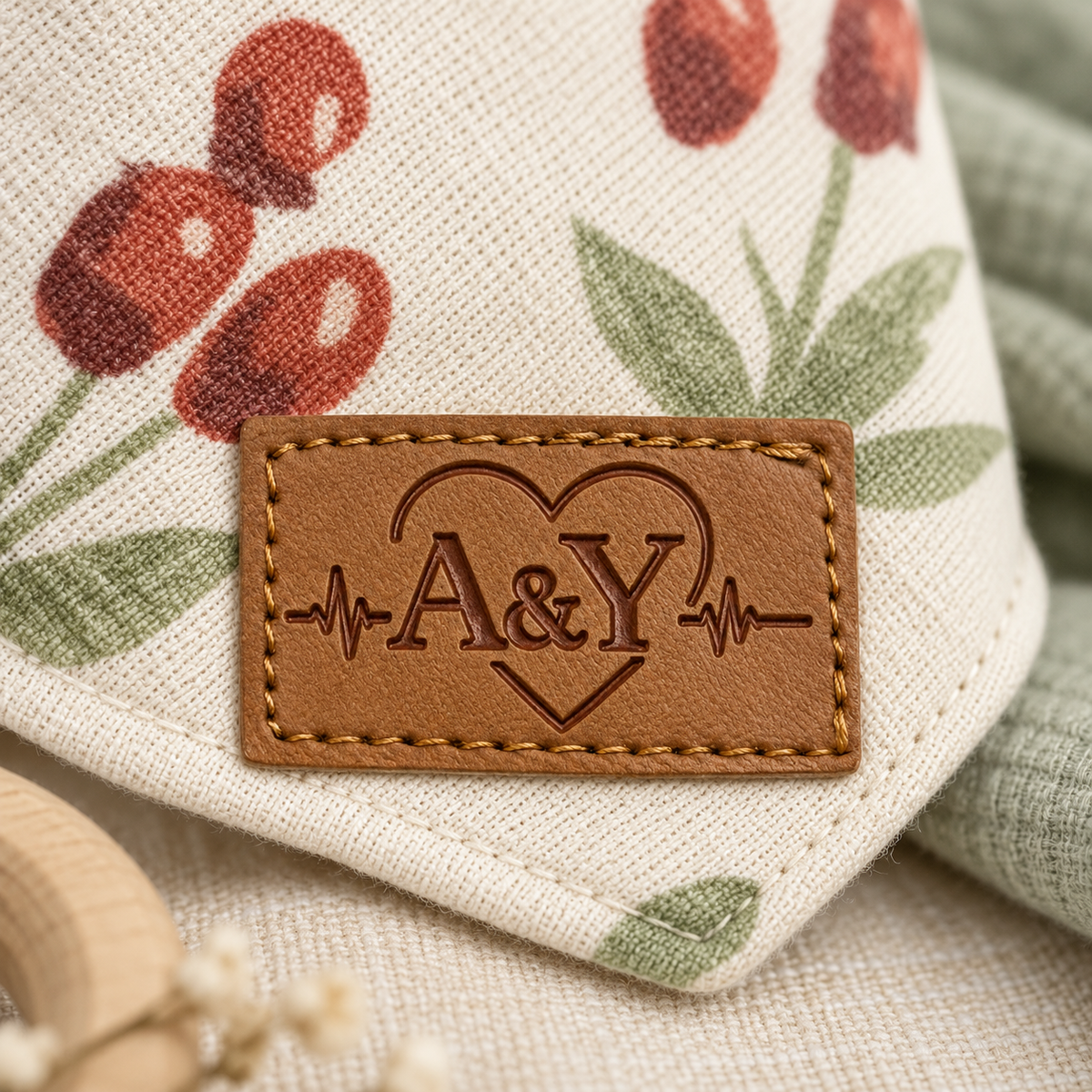 Close-up of the stitched A&Y label on the MINUS Red Flowers bandana bib.